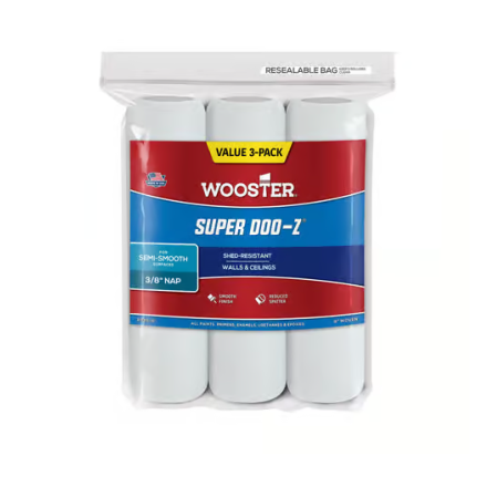 A pack of three WOOSTER Super Doo-Z 9 in. white woven paint roller covers comes in a resealable bag with shed-resistant features, suitable for semi-smooth walls and ceilings with a 3/8 nap.