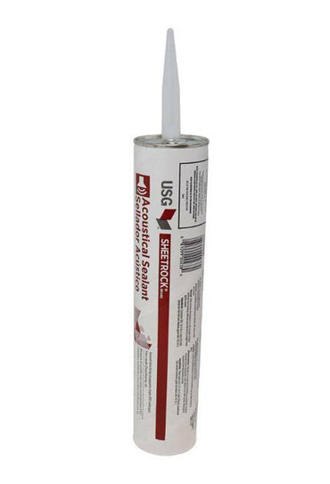A 29 oz. tube of USG 030250 Sheetrock Acoustical Sealant stands upright with a pointed nozzle against a white background, designed for fire-rated partitions and STC/MTC assemblies.