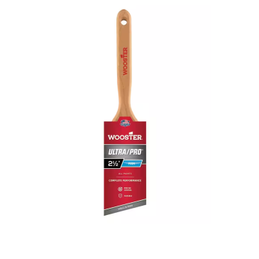 The WOOSTER Ultra/Pro Paint Brush, combining Nylon and Polyester with a wooden handle, features a red and silver label displaying Wooster Ultra/Pro 2 ½” and is designed for professionals. With premium performance, it has a firm angled sash and unique blue bristle tip.