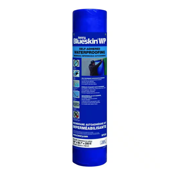 A roll of Henry Blueskin WP200 Self-Adhered Waterproofing Membrane (66.7 ft. x 36 in.) in blue features product details and graphics for application steps on the label, effectively serving as a waterproofing barrier.