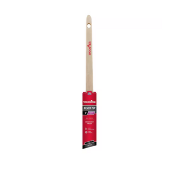 The WOOSTER Silver Tip Paint Brush, characterized by a wooden handle and white bristles, guarantees precision and smooth coverage. It features a red and black label with product information attached to the handle, elegantly displayed on a plain white background.
