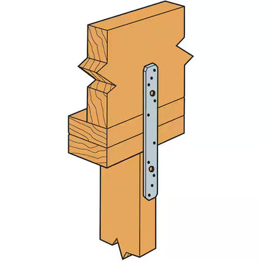 Illustration of two interlocked wooden beams joined by a Simpson Strong-Tie LSTA12 Galvanized Strap Tie, showing metal reinforcement for mortise and tenon joints to resist seismic forces and tension loads.