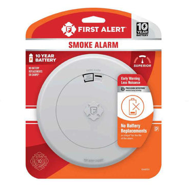 The FIRST ALERT 1046731 SM210 DC10 Slim Photoelectric Smoke Alarm features a sealed 10-year battery, offers early warning with less nuisance alerts, and uses Superior Precision Detection technology. No battery replacements required.