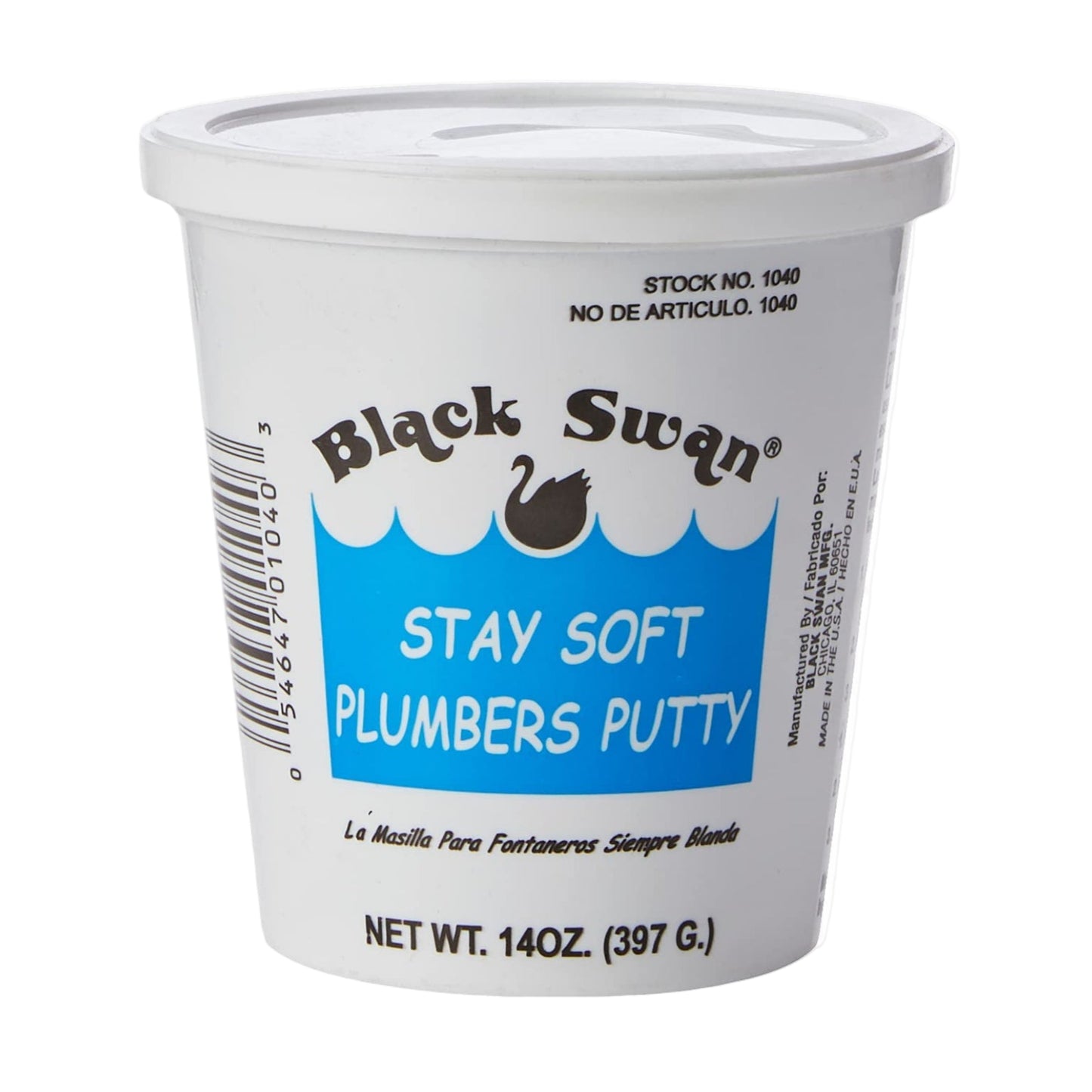 A 14 oz. tub of BLACK SWAN 01040 Stay Soft Plumber's Putty features a white plastic container with a blue label and black text. Sealed lid; info in English and Spanish. Ideal for sealing and caulking. Brand: BLACK SWAN.