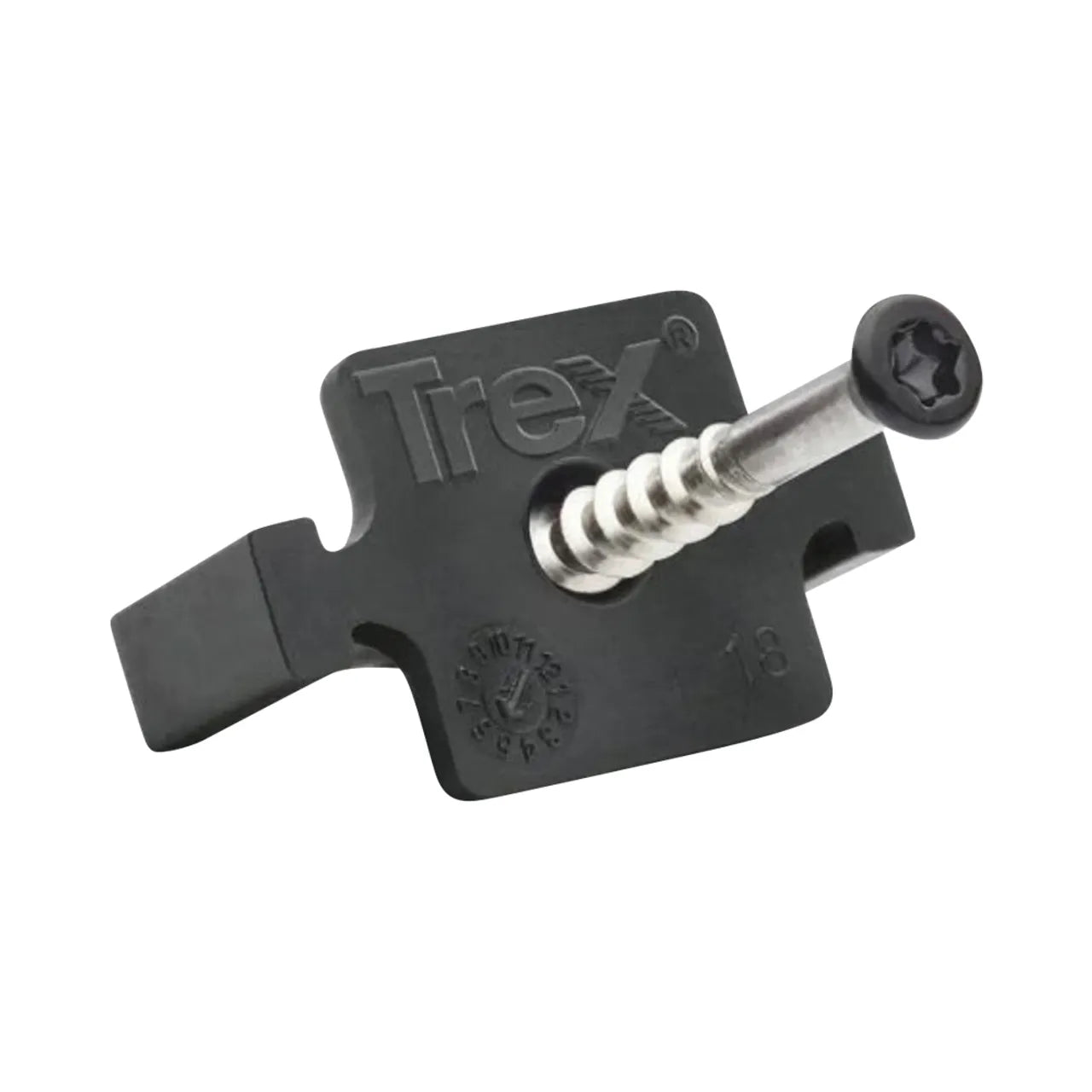 A Go Build Hideaway Universal Hidden Fastener Combo features a black clip with a silver screw partially inserted, designed for composite decking boards and embossed with the Trex logo.