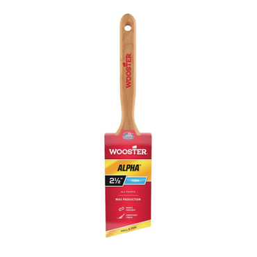 The WOOSTER Alpha Angle Sash Paint Brush features a wooden handle and red label stating Wooster Alpha 2½ inch. It is perfect for pros seeking precision, designed for All Paints with Max Production efficiency ideal for walls or trim.