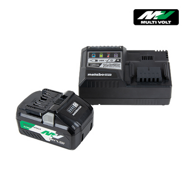A Go Build Metabo HPT UC18YSL3B1 36V/18V MultiVolt™ Lithium Ion Slide Battery and Charger Starter Kit with green and white labels is shown on a white background, featuring the Multi Volt logo in the top right corner.