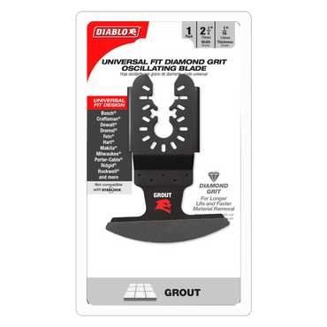 The DIABLO DOU16DGX blade, by Diablo, is a universal fit diamond grit oscillating tool ideal for grout removal. Compatible with various brands, the black blade has a durable diamond coating and measures 2.5 inches wide with a 1/16 inch thickness.