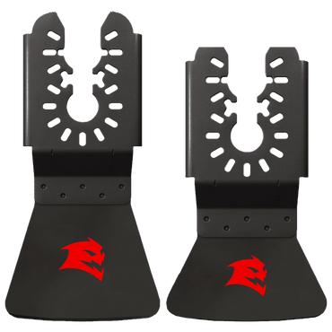 The DIABLO DOUSCRP2 Universal Fit High Carbon Steel Oscillating Scraper Set from Diablo includes two black brackets with jagged cutouts, red stylized crown logos, flared bases, and multiple holes for a secure mount.
