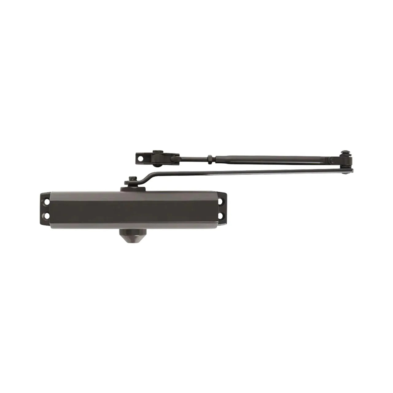 The Go Build Medium-Duty Commercial Door Closer - Bronze features a rectangular body with an attached arm, designed to automatically close doors. This commercial closer is shown mounted against a white background.