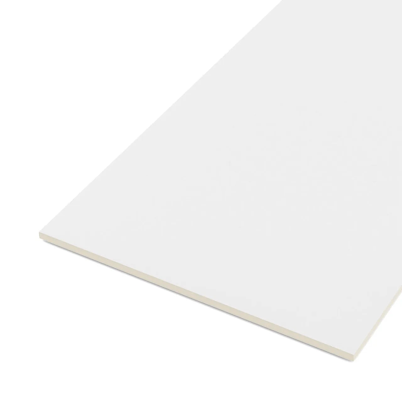 A single, flat 1/2 in. x 4 ft. x 8 ft. Go Build White PVC Trim board with smooth edges is shown on a white background.