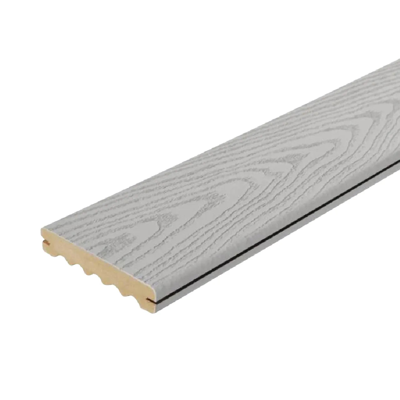 Close-up of a Go Build 1 in. x 6 in. x 16 ft. Grooved Edge Capped Composite Decking Board in Stone Gray, featuring wood grain texture and grooved bottom edge. It has a smooth finish, resists mold and mildew, and includes a reassuring 25-year wear warranty.