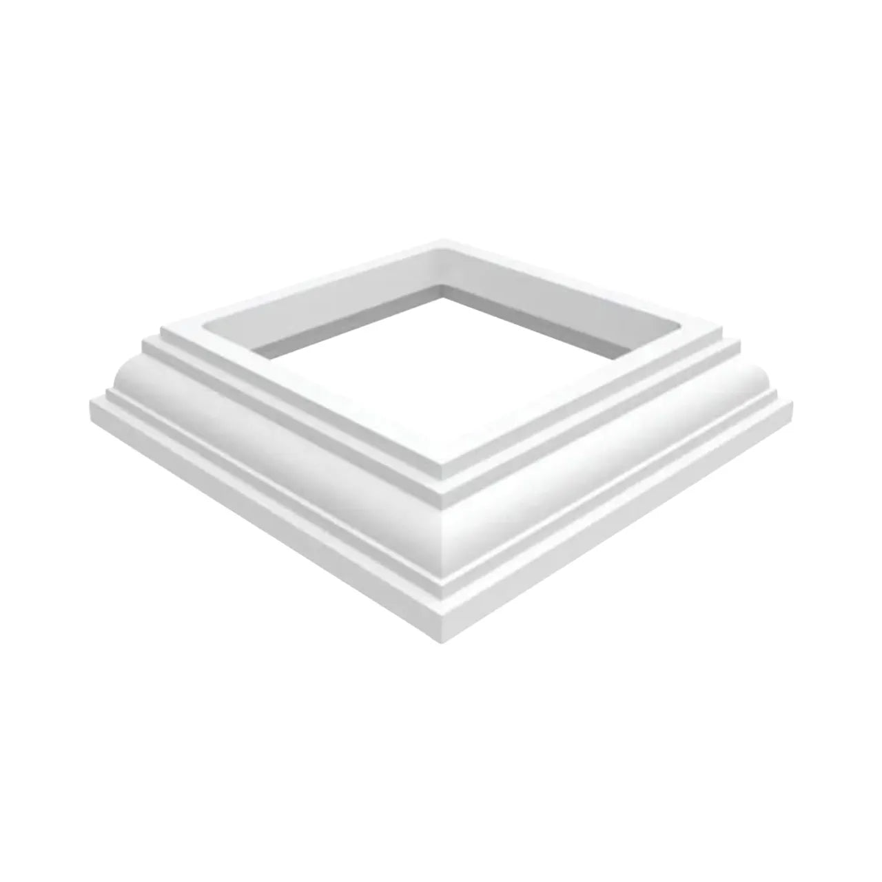 A white, square 4 in. x 4 in. New England Base Trim with a hollow center by Go Build, The Fastest Way To Build, shown at an angle on a plain white background.