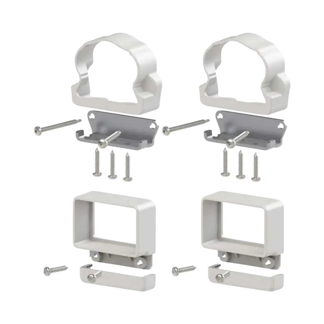 Two sets of silver and gray metal brackets with screws, part of the Go Build Traditional/Williamsburg White Line Bracket Kit (4-Piece), are neatly arranged and separated on a white background.