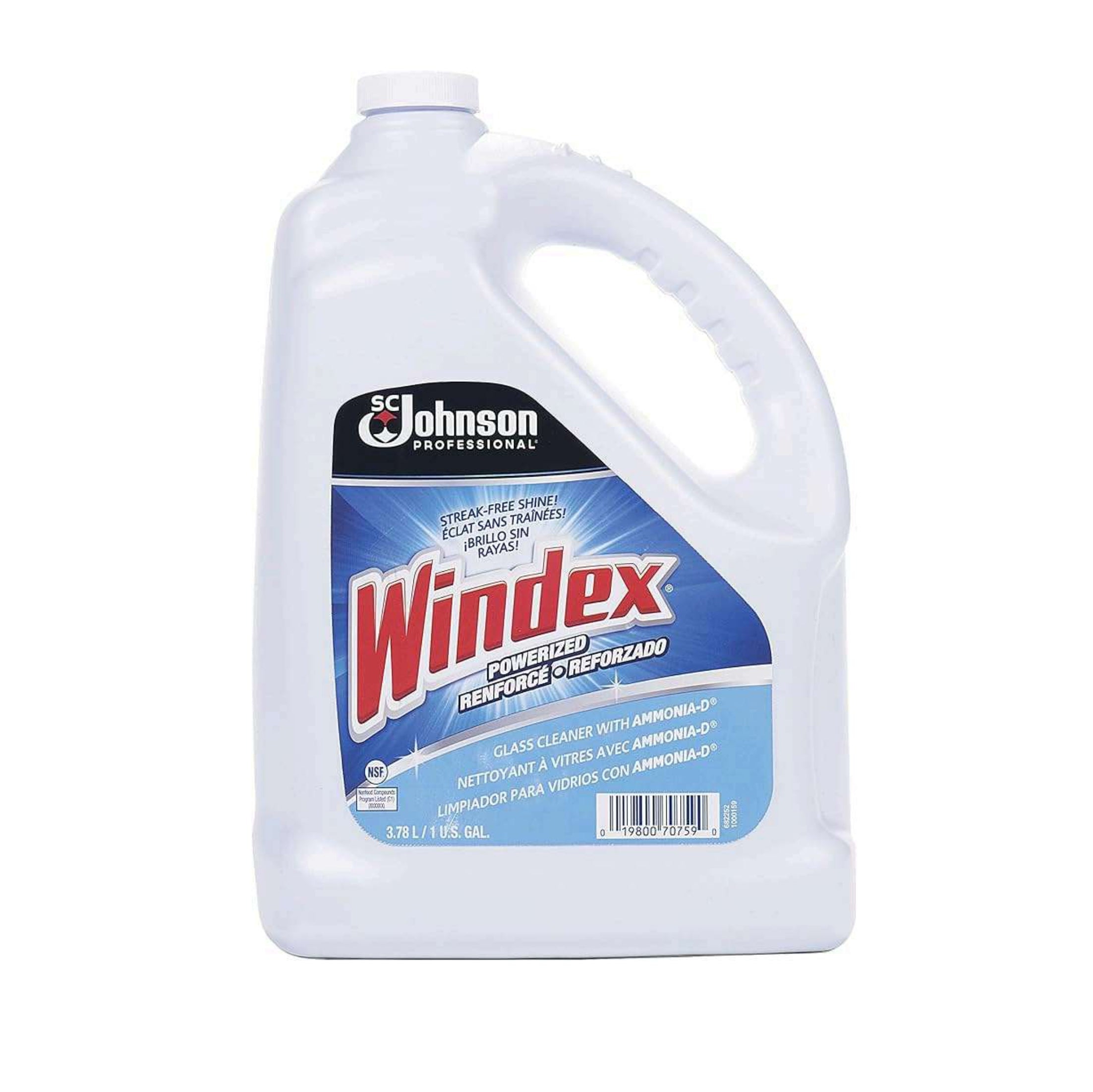 WINDEX 696503 Glass Cleaner With Ammonia-D, Blue, 1 gal., features a handle and trilingual label—ideal for professional-grade cleaning.