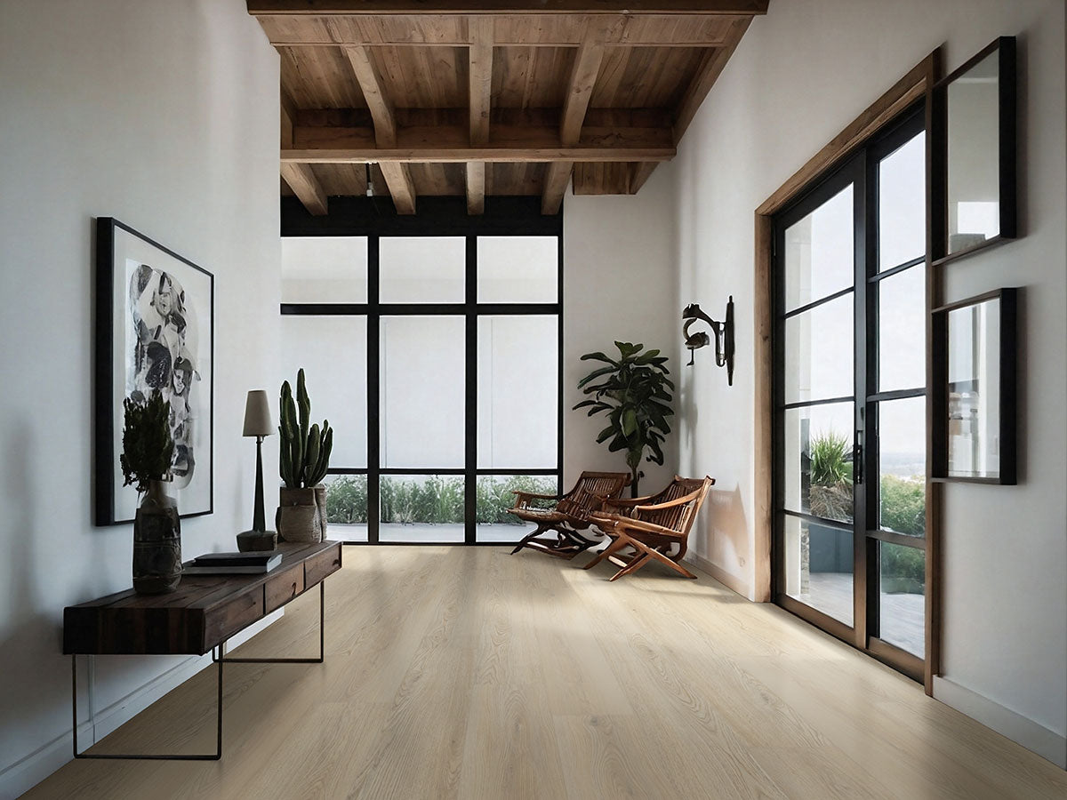 A modern minimalist room with large windows, wooden ceiling beams, MSI XL Cyrus Austell Grove Luxury Vinyl Planks flooring (neutral blonde finish), a console table, potted plants, two wooden chairs, framed art on white walls, and abundant natural light.