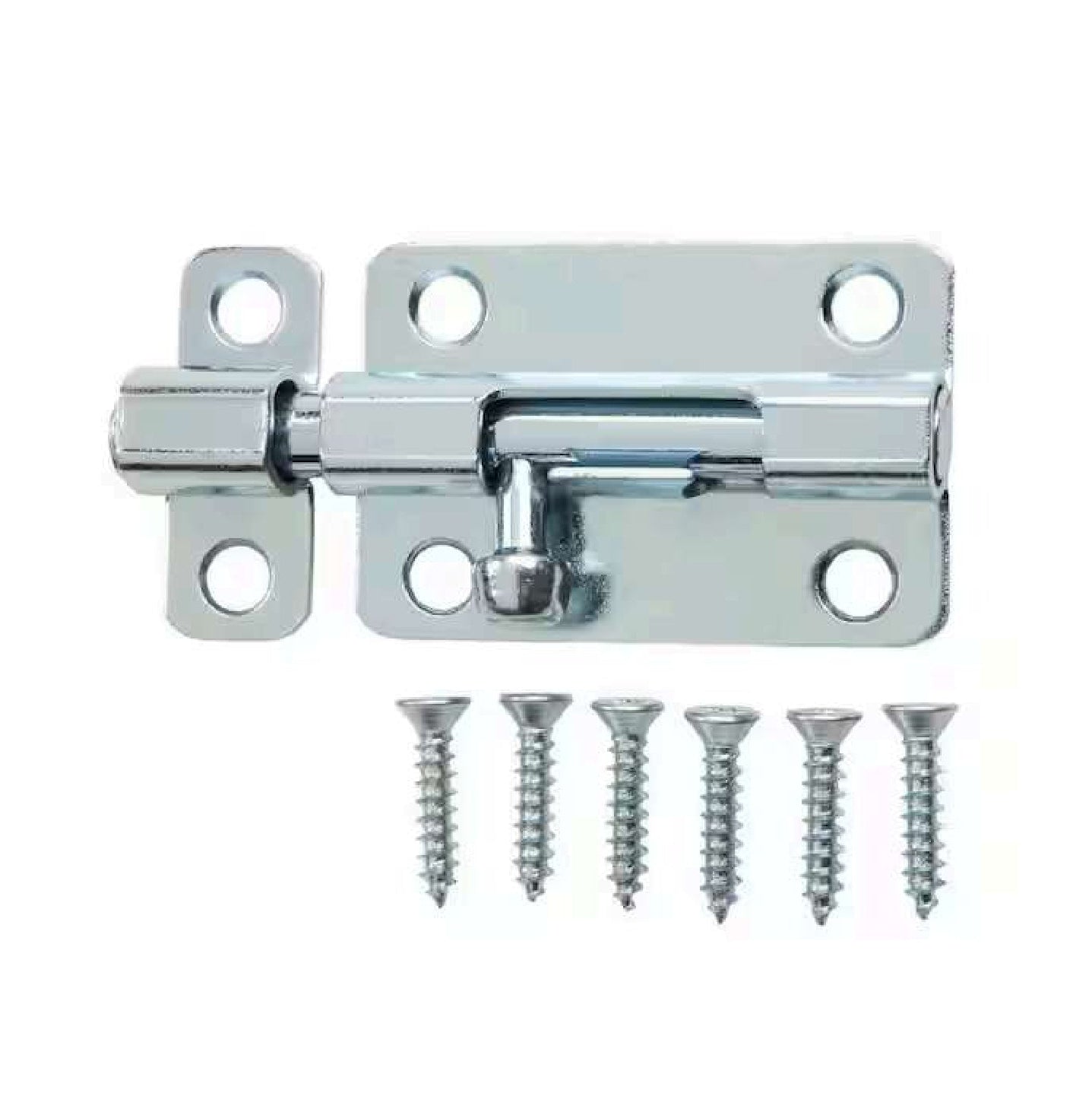The G FORCE 43012 2-1/2 in. Barrel Bolt Zinc Plated Steel lock is shown with five silver screws lined up below it on a white background.