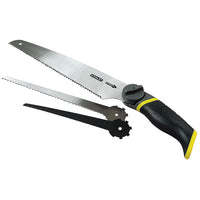 The STANLEY 3-in-1 Multi-Purpose Saw features a black and yellow handle, silver blade attached, two extra blades, a textured grip, and rotary knob—making it perfect for versatile cutting tasks.