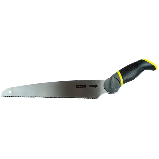 The STANLEY 3-in-1 Multi-Purpose Saw features a silver serrated blade and a black and yellow ergonomic handle, with the STANLEY logo displayed on the blade.