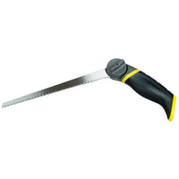 The STANLEY 3-in-1 Multi-Purpose Saw features a black and yellow ergonomic handle and a long, pointed serrated blade, ideal for versatile cutting of drywall or plasterboard.