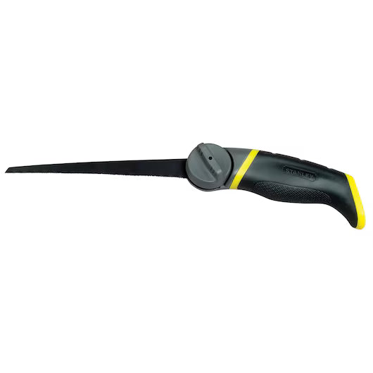 The STANLEY 3-in-1 Multi-Purpose Saw is a versatile hand tool with a black and yellow handle, slim straight blade with fine teeth, and a secure locking mechanism for safe use across various cutting tasks.