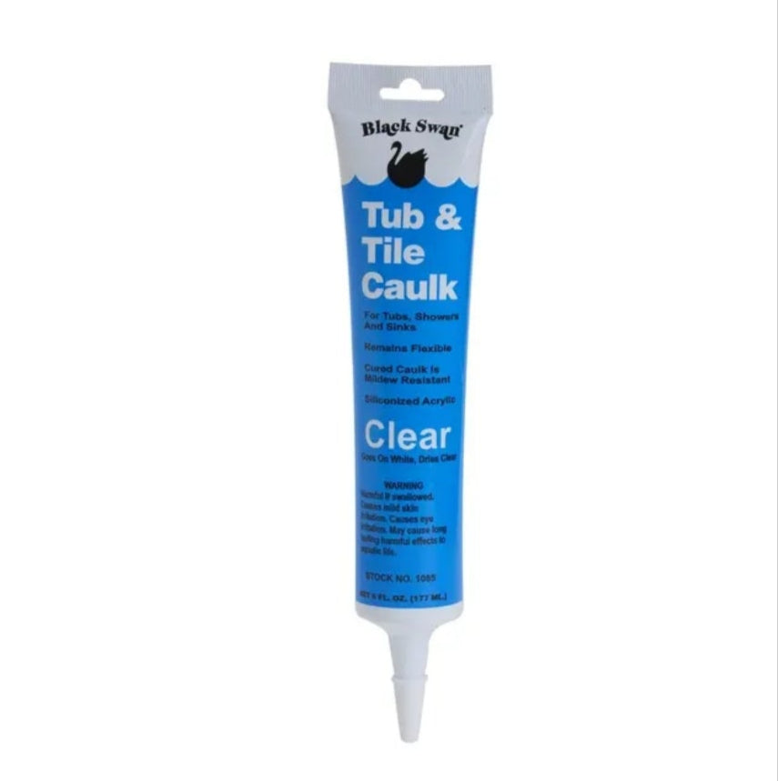 A 6 fl. oz. hang tube of BLACK SWAN 01085 Silicone Tub & Tile Sealant in clear, with blue and white labeling. This sealant provides a waterproof seal for tubs, showers, and sinks, featuring a pointed nozzle for easy application.