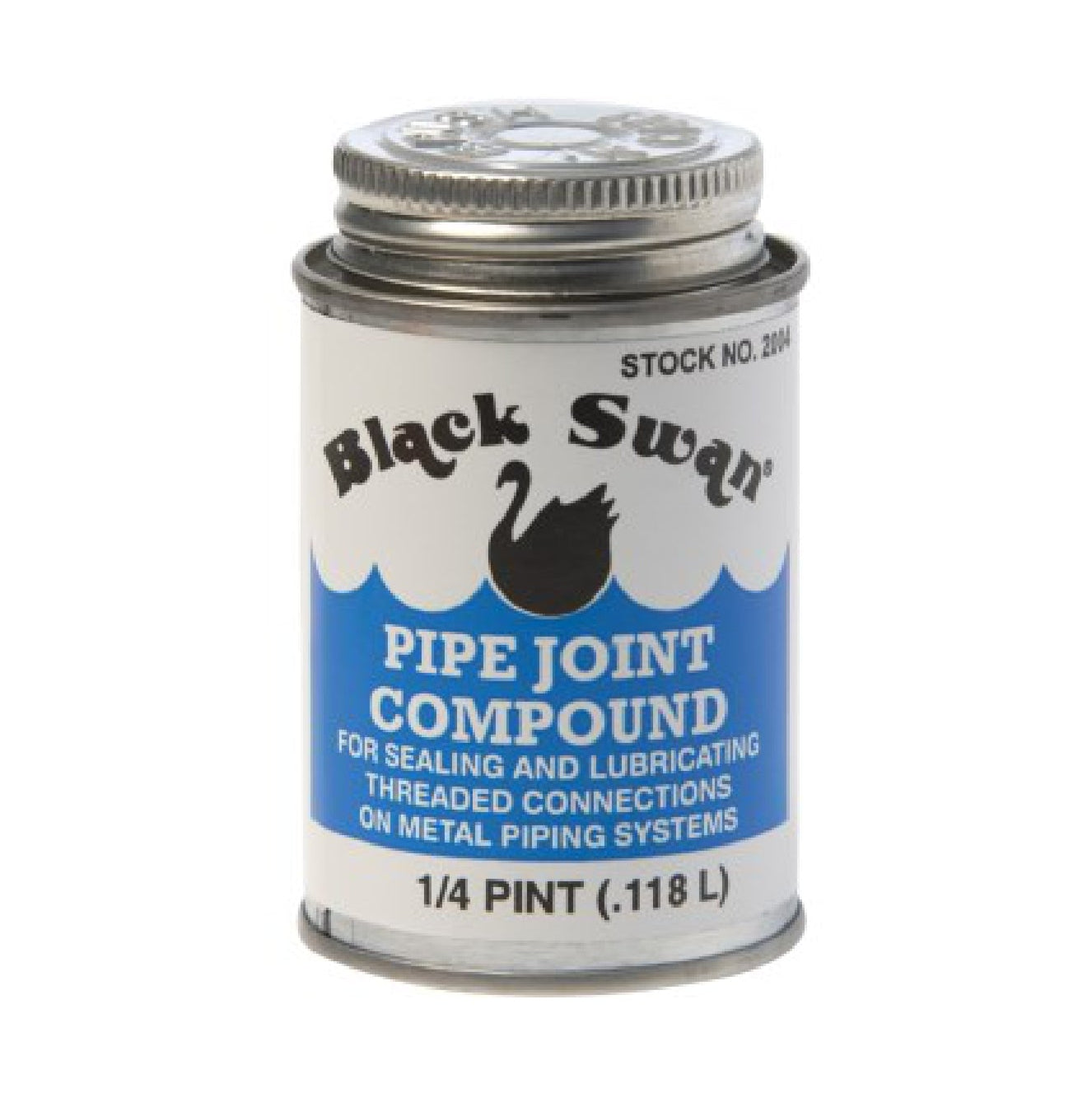 BLACK SWAN 02004 Pipe Joint Compound, 4 oz., is a non-hardening thread sealant for metal pipe connections. It comes in a small can with a metal lid and features a blue and white label with the Black Swan logo.