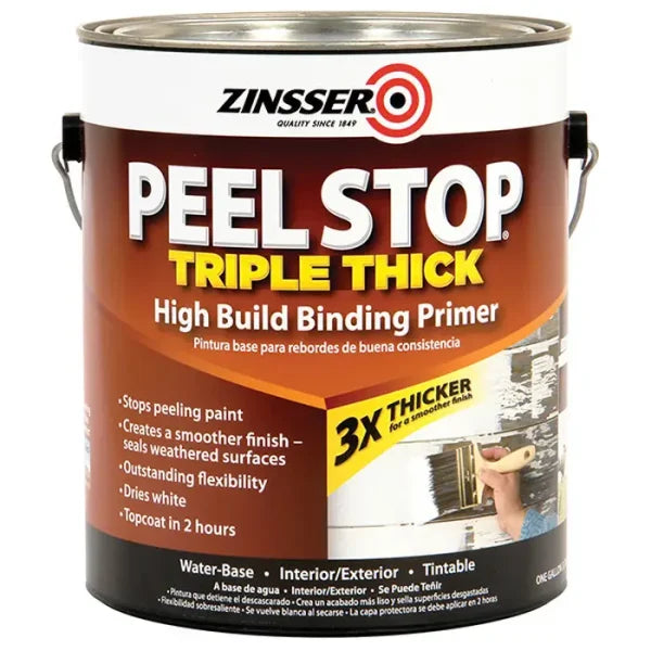 A 1-gal can of Zinsser White Peel Stop Triple Thick Binding Primer from Zinsser—shown with product info and an image of wall painting—is ideal for exterior wood, ensuring lasting adhesion.
