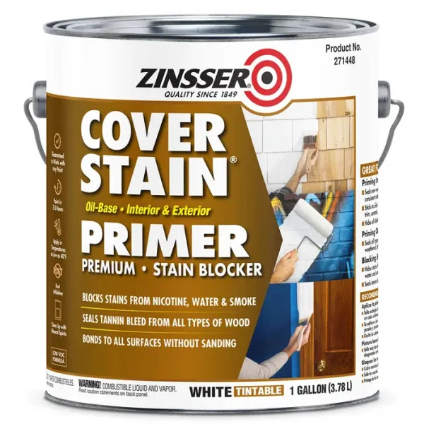 Zinsser White Zinsser Cover-Stain Oil-Based Stain Blocker 1 Gal is an interior/exterior primer that seals and blocks stains. Ideal for bare wood, it features application illustrations and product details on the can.