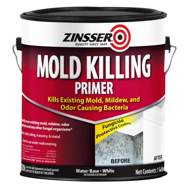 A one-gallon can of Zinsser Water-Based Mold Killing Primer features a red label with product info and a before-and-after mold removal image. This primer kills mold, mildew, and odor-causing bacteria for enhanced protection. Brand: Zinsser.