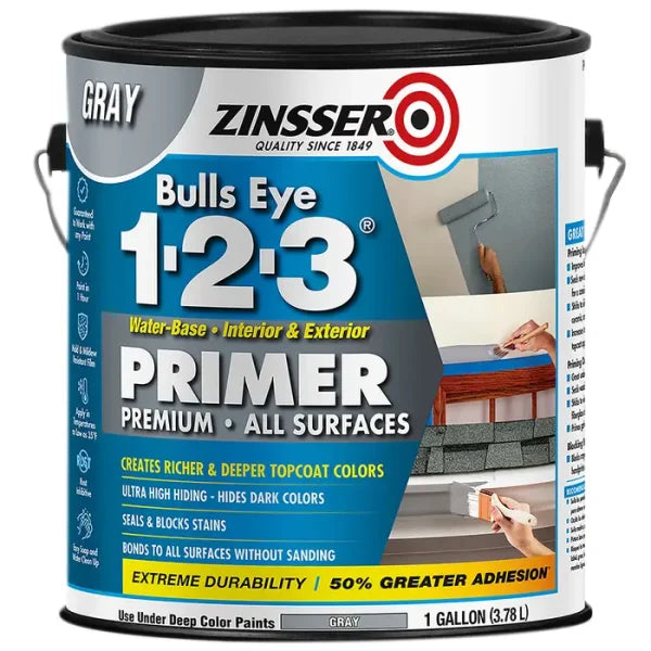 The Zinsser Gray Bulls Eye 1-2-3 Water-Based Stain Blocking Primer/Sealer 1 Gal is a mold-resistant, no-sanding primer for interior/exterior use that blocks stains and adheres to all surfaces.