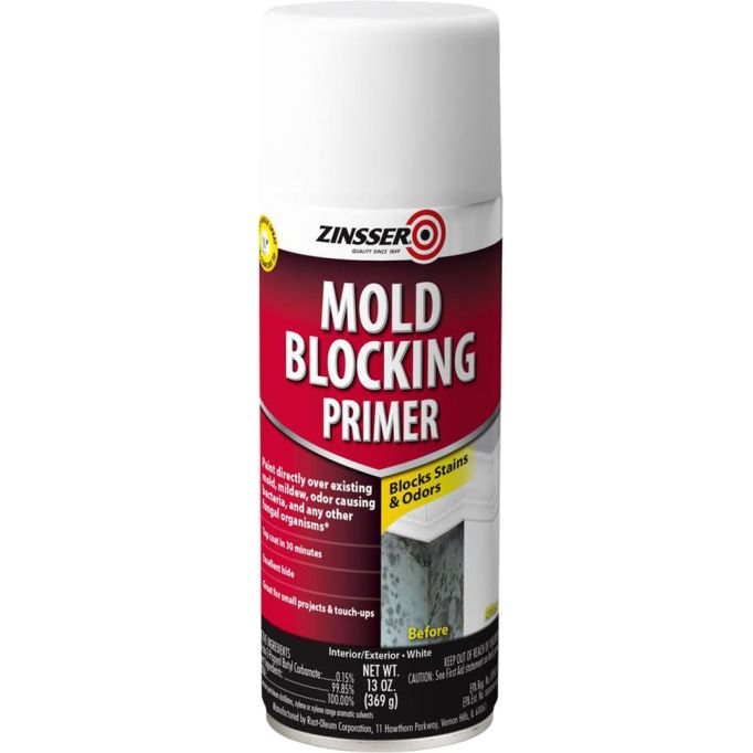 A 13 oz. can of Zinsser Mold Blocking Primer Aerosol features a white cap, red label, and EPA-registered claim for blocking stains and odors while protecting against mold and mildew, with before-and-after images on the label.