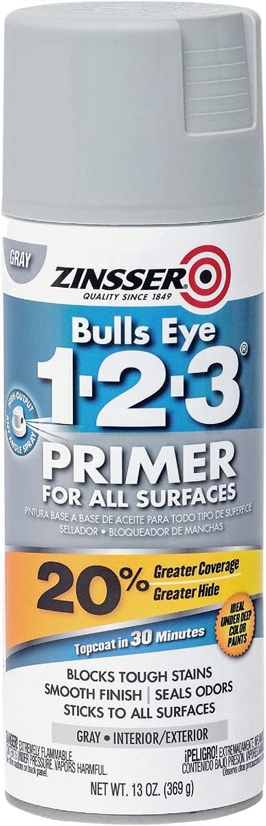 A 13 oz. can of Zinsser Bulls Eye 1-2-3 Grey Primer for All Surfaces offers 20% greater coverage, topcoat in 30 minutes, and provides excellent stain blocking and a smooth finish.