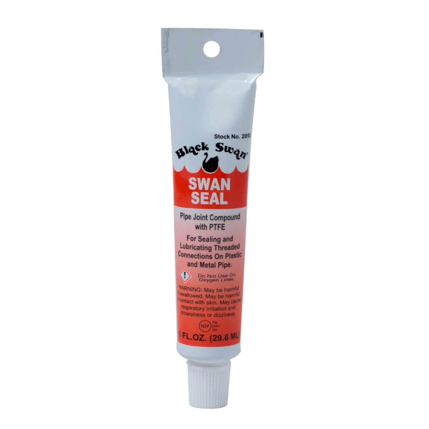 The BLACK SWAN 02053 Swan Seal PTFE Pipe Joint Compound, 1 fl. oz. hang tube, seals and lubricates threaded pipe connections for leak protection and is NSF Certified.