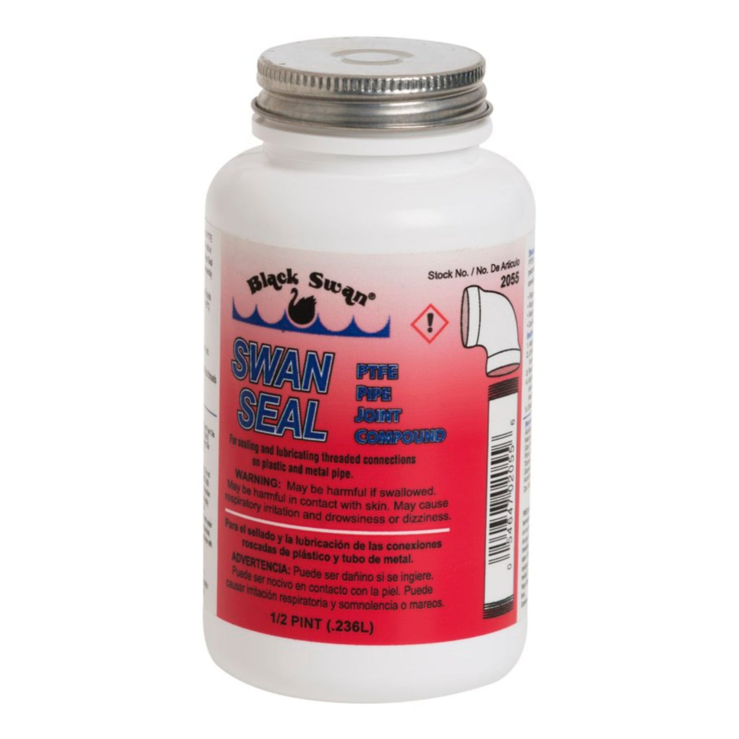 A white plastic 8 oz. bottle of BLACK SWAN 02055 Swan Seal PTFE Pipe Joint Compound with a white cap and blue/pink label, NSF certified for leak protection and displaying warnings and product info. Brand: BLACK SWAN.