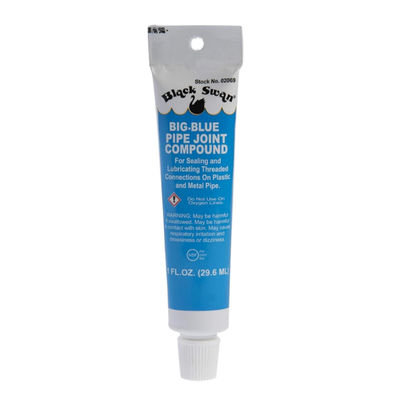 A 1 fl. oz. hang tube of BLACK SWAN 02069 Big Blue Pipe Joint Compound, NSF Certified and non-toxic, for sealing/lubricating threaded plastic or metal pipes, with a white cap and blue body.