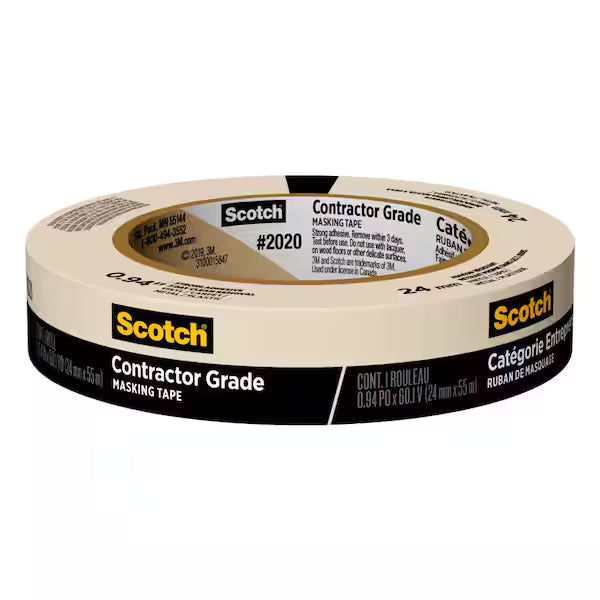 A roll of Scotch Contractor Grade Masking Tape, 1.41 in x 60.1 yd, features black and yellow labeling with strong adhesive highlighted on the side and product details on the inner ring.