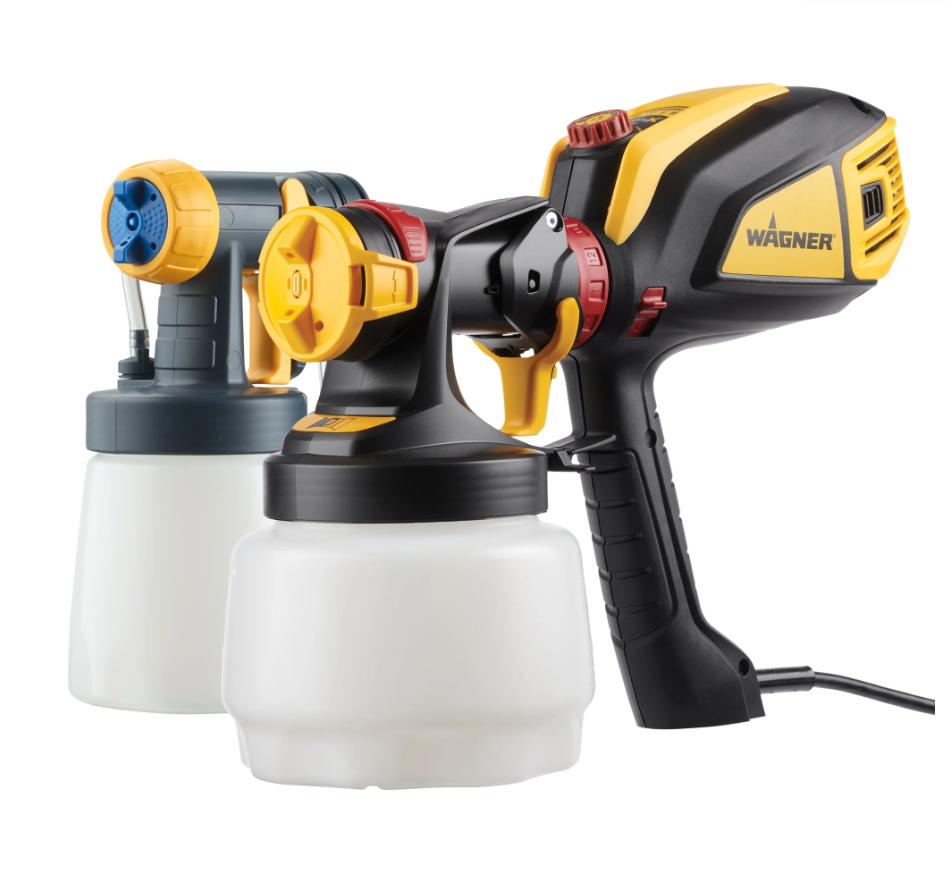 Two handheld sprayers for painting: the Wagner FLEXiO 595 Sprayer by Wagner in black and yellow at the front, and a gray and yellow model with a blue adjustment knob behind; both feature large white paint containers.