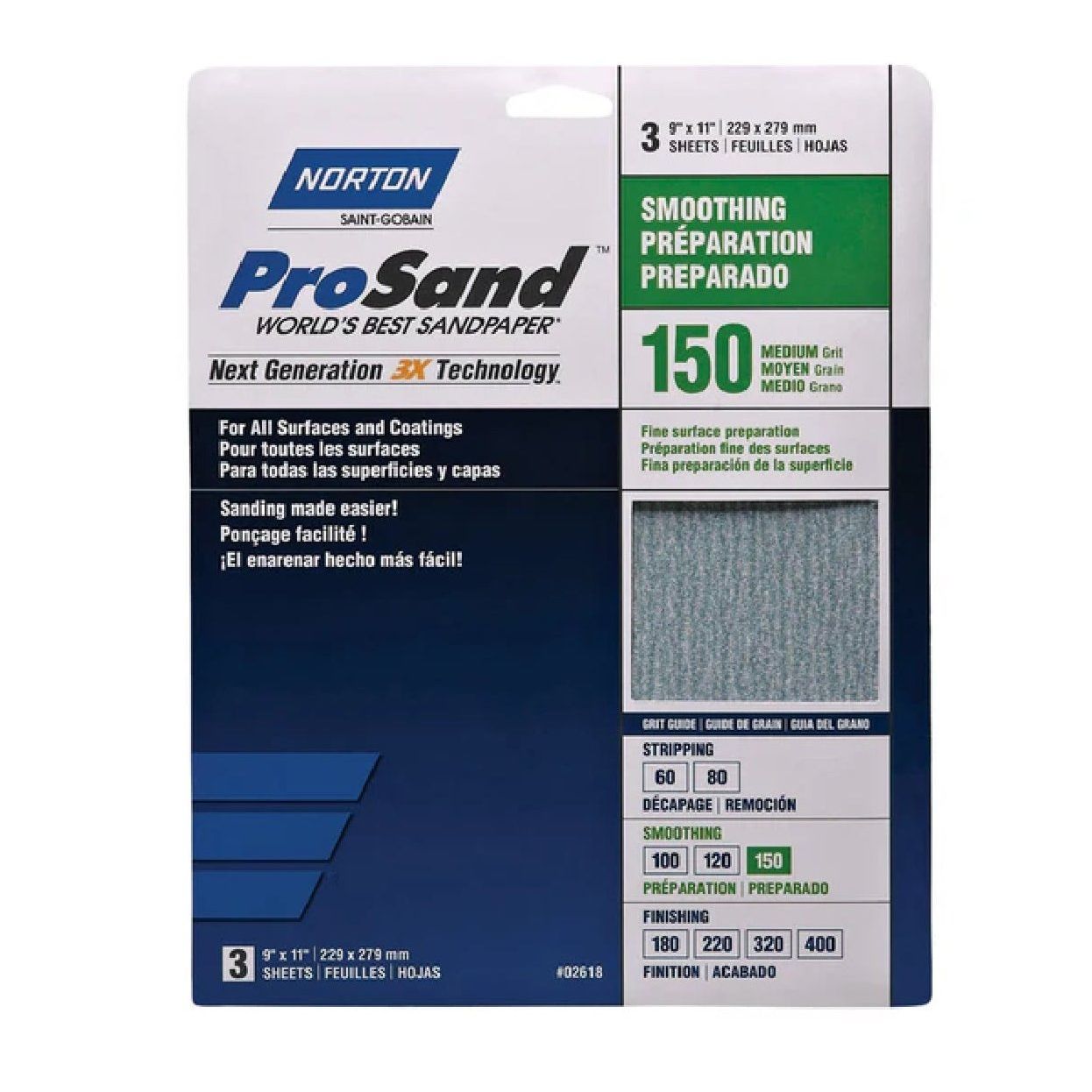 NORTON 02618 ProSand 9 in. x 11 in. 150-grit medium sanding sheets (3-pack) are ideal for smoothing and sanding surfaces under various coatings, as shown on the blue-and-white label with detailed product info.