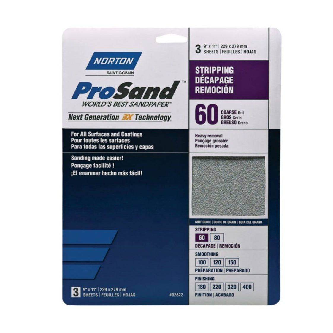 The NORTON 02622 ProSand 9 x 11 60-Grit (Coarse) Sanding Sheets (3-Pack) package features a sample sheet and offers a professional finish for all surfaces and coatings.