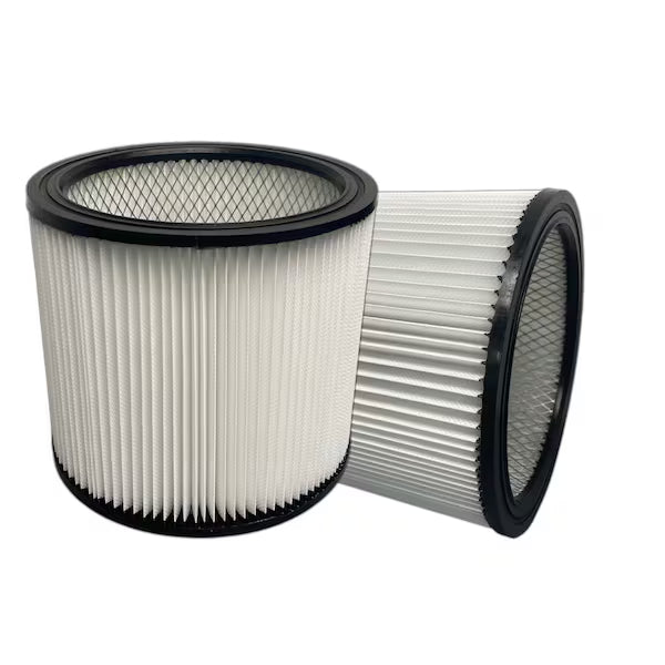 Two Shop-Vac Type U Cartridge Filters from Shop-Vac, featuring pleated white material and black rims—one upright, one horizontal—are displayed on a white background for efficient wet/dry vacuum use.