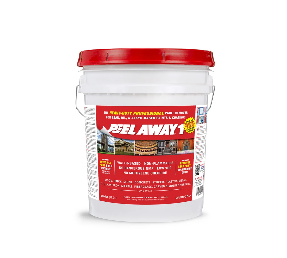 A white 5-gallon pail labeled “Dumond, Peel Away 1 Paint Remover” removes lead, oil, and alkyd-based paints. This heavy-duty Dumond product features a red lid plus detailed instructions for safe use.
