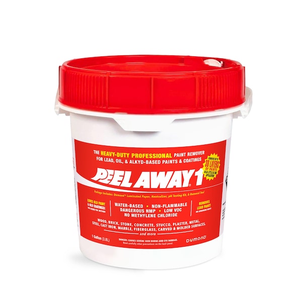 A white 1.25-gallon Dumond Peel Away 1 Heavy-Duty Paint Remover Kit container with a red lid is designed to remove lead-based paint, oil, and alkyd coatings. The label displays its uses and safety info in white and yellow text.