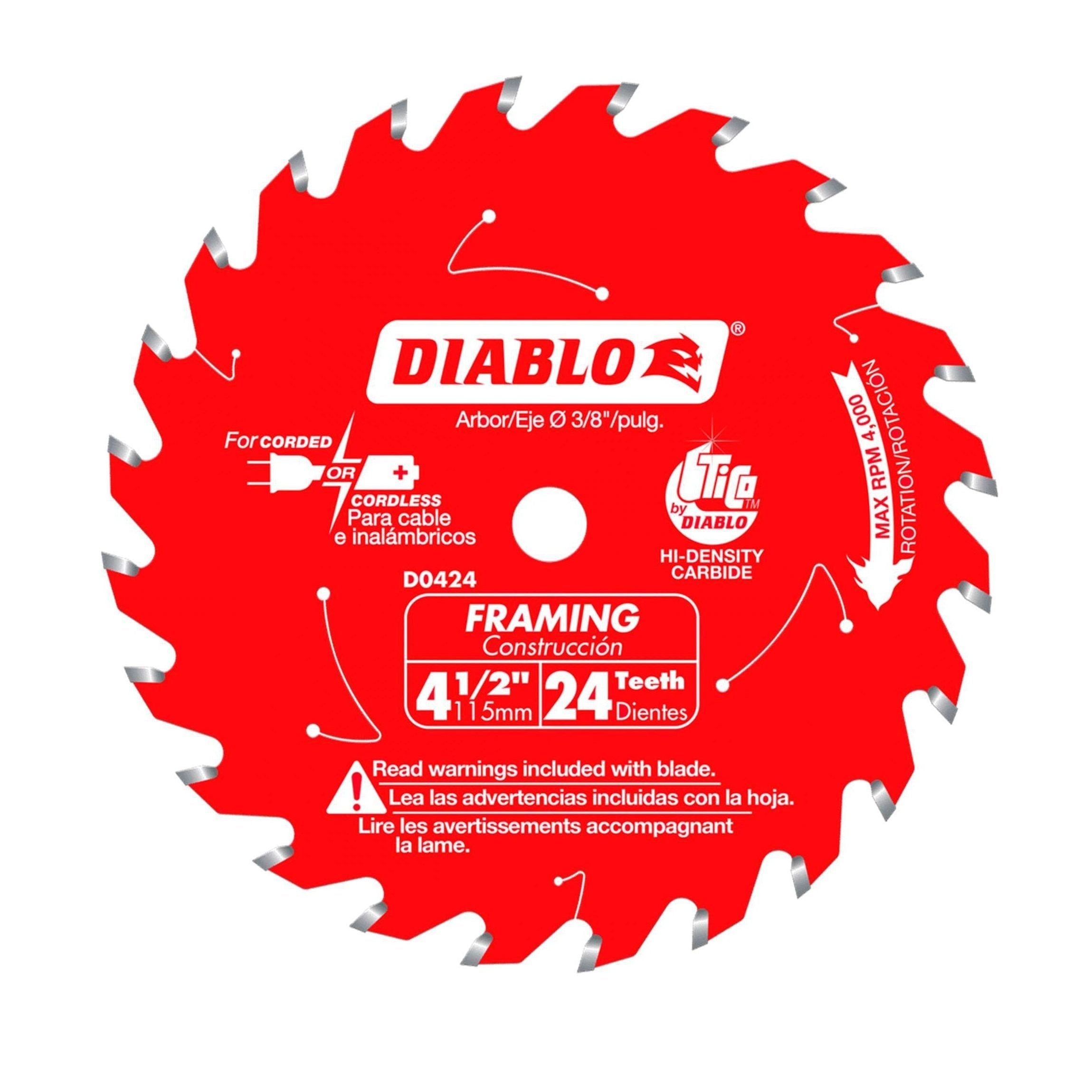 The DIABLO D0424X 4-1/2 framing saw blade has 24 teeth and TiCo Hi-Density Carbide for precision cuts. It fits corded or cordless tools, features a thin kerf design, max RPM of 11,000, and includes safety warnings in English, Spanish, and French.