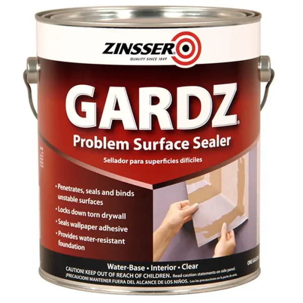 A 1-gal can of Zinsser Gardz Water-Based Problem Surface Sealer features a red label. A hand applies this Zinsser product to damaged drywall. Highlights: it seals, penetrates, locks down drywall, and is water-based.