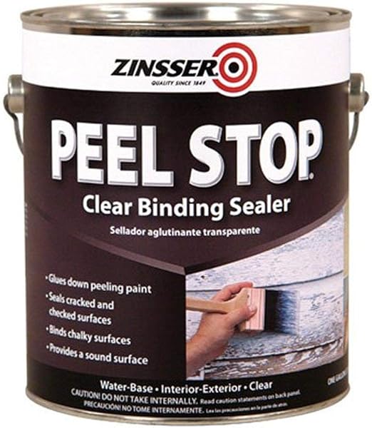 A 1-gal can of Zinsser Clear Binding Sealer from Zinsser is shown with product features on the label and an image of a hand using a paintbrush to apply the clear binding sealer to cracked, peeling paint.