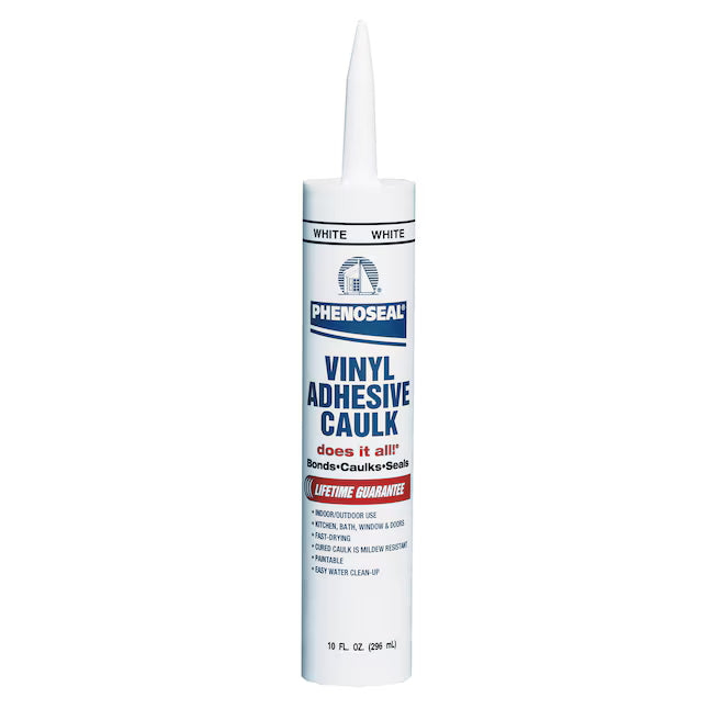 A 10-oz. tube of Phenoseal Does It All White Exterior/Interior Vinyl Adhesive Caulk with a white nozzle features a weatherproof seal, lists uses and benefits on the label, offers a Lifetime Guarantee, and is marked as white. Brand: Phenoseal.