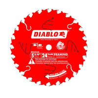 The Diablo D0524X circular saw blade, 5-3/8 inches in diameter with 24 teeth, is designed for wood framing. It features a Thin Kerf Design and has technical specifications and safety warnings printed on its distinctive red surface.