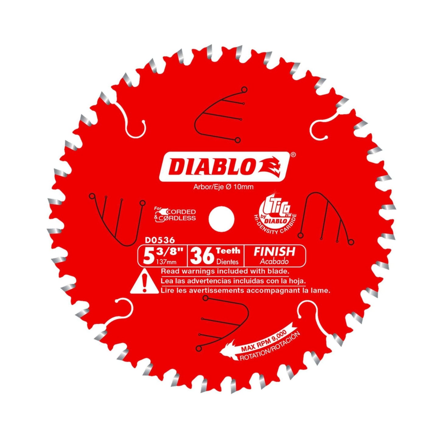 The Diablo DIABLO D0536X saw blade, 5 3/8 inches in diameter with 36 teeth, features a thin kerf for precision. It displays Corded/Cordless capability with clear English and Spanish warning labels and rotation direction.