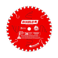 The Diablo DIABLO D0536X saw blade, 5 3/8 inches in diameter with 36 teeth, features a thin kerf for precision. It displays Corded/Cordless capability with clear English and Spanish warning labels and rotation direction.